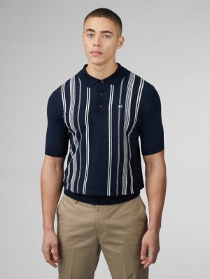 Ben Sherman B by Ben Sherman Crinkle Cotton Stripe Polo Knitwear Navy | XEATJ-2415