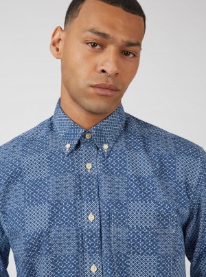 Ben Sherman Chambray Patchwork Geo Print Long-Sleeve Shirts Blue | COSWG-2463