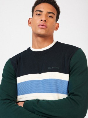 Ben Sherman Chest Stripe Crewneck Knitwear Dark Green | WALVS-1047