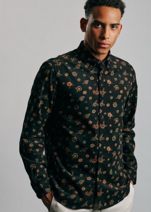 Ben Sherman Retro Floral Print Corduroy Shirts Black | TRKYO-0173