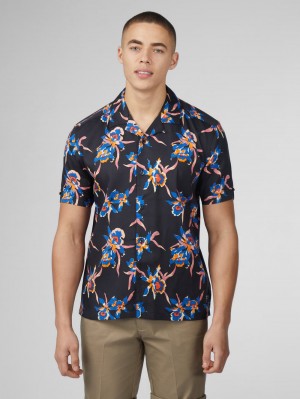 Ben Sherman Signature Botanical Print Shirts Black | PLWRC-6498