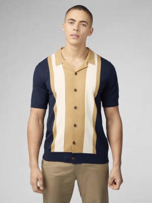 Ben Sherman Signature Resort Neck Button Through Polo Knitwear Navy | RBPDC-0417