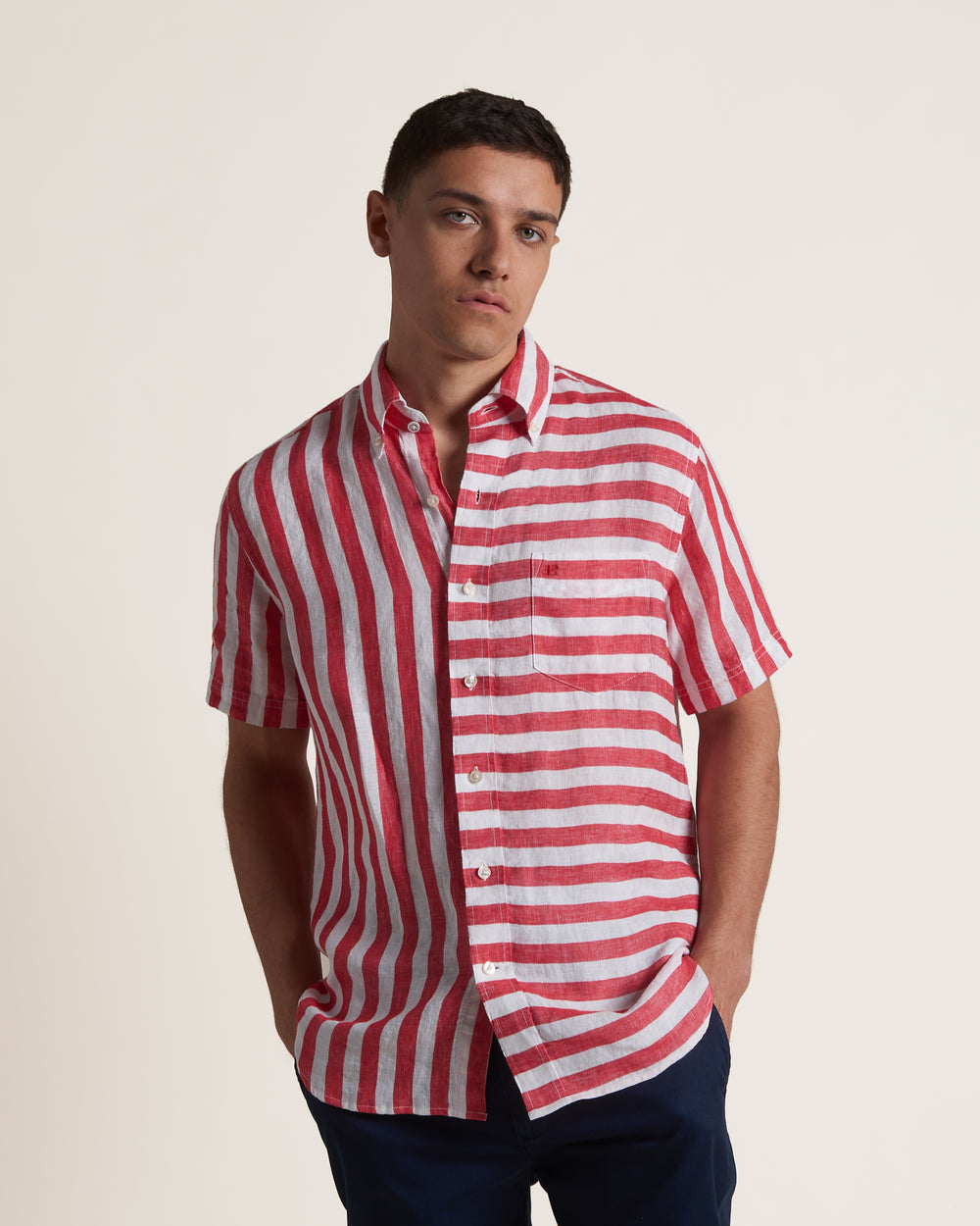 Ben Sherman B by Ben Sherman Candy Stripe Linen Short Sleeve Shirts Pink Red | LYNOC-7869