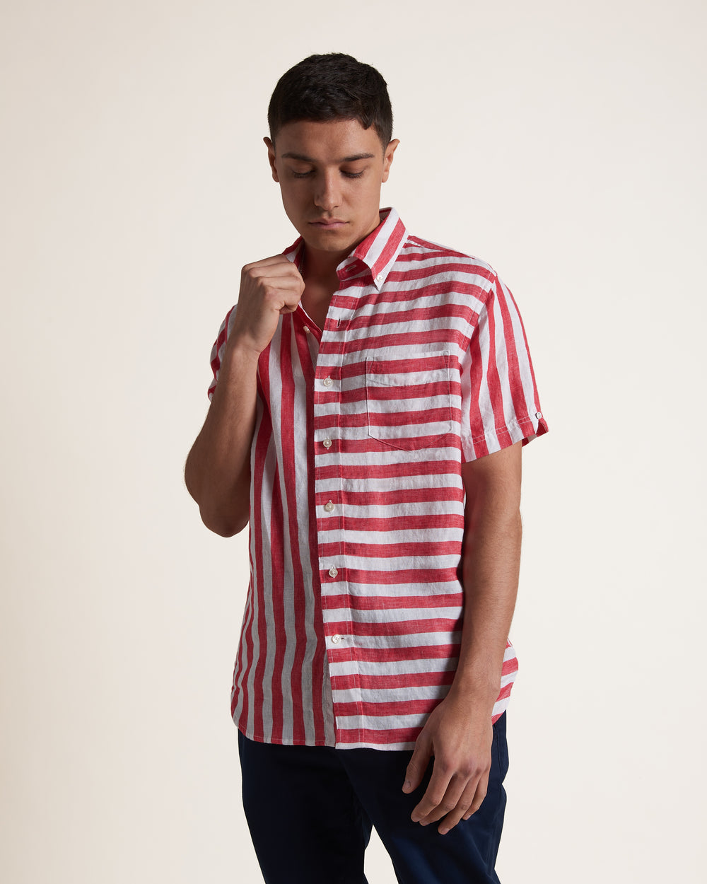 Ben Sherman B by Ben Sherman Candy Stripe Linen Short Sleeve Shirts Pink Red | LYNOC-7869