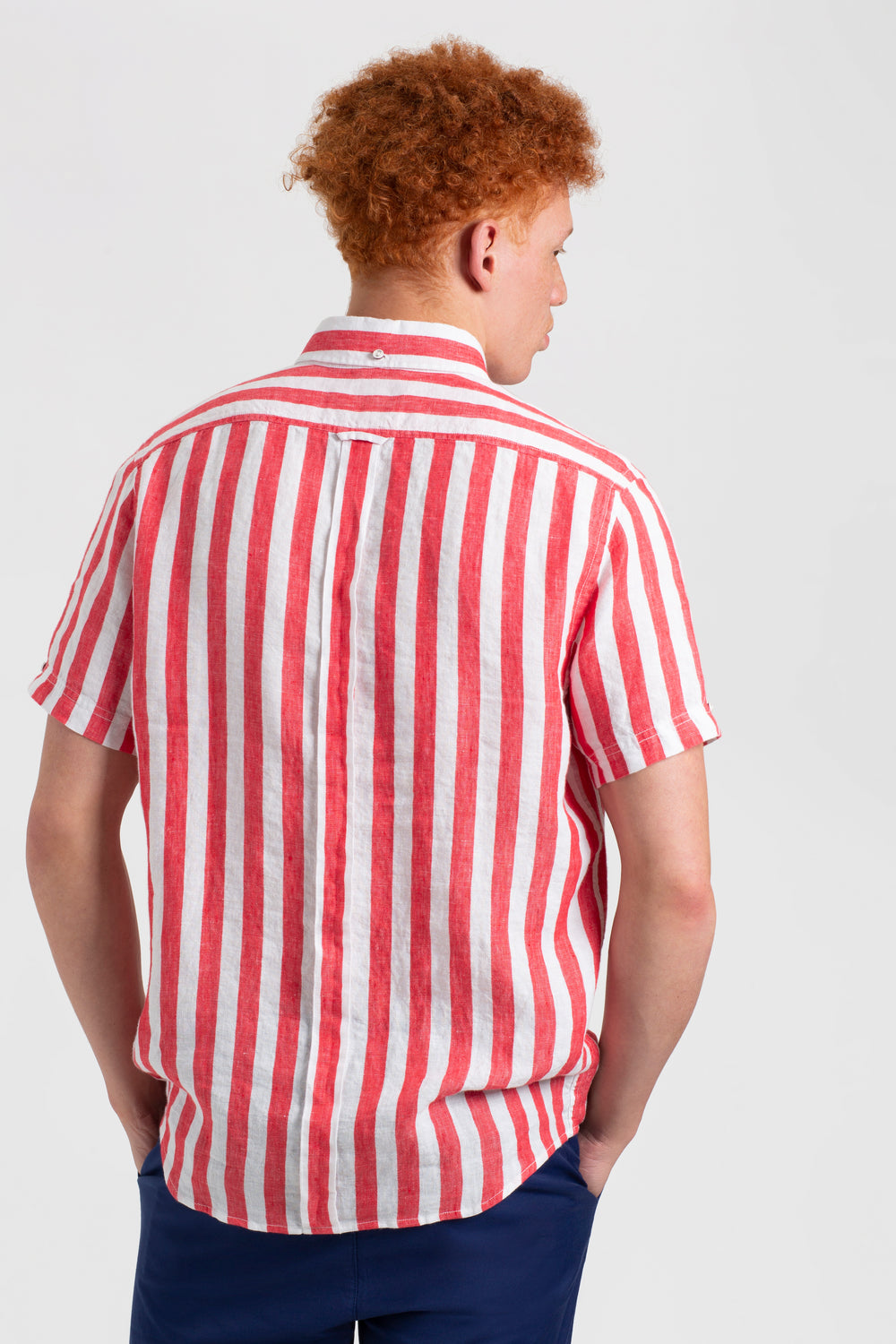 Ben Sherman B by Ben Sherman Candy Stripe Linen Short Sleeve Shirts Pink Red | LYNOC-7869