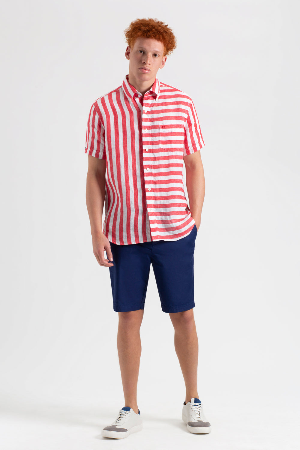 Ben Sherman B by Ben Sherman Candy Stripe Linen Short Sleeve Shirts Pink Red | LYNOC-7869