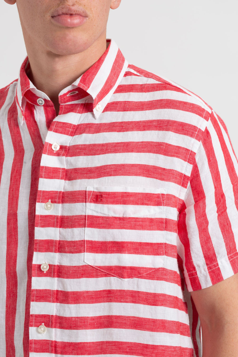 Ben Sherman B by Ben Sherman Candy Stripe Linen Short Sleeve Shirts Pink Red | LYNOC-7869