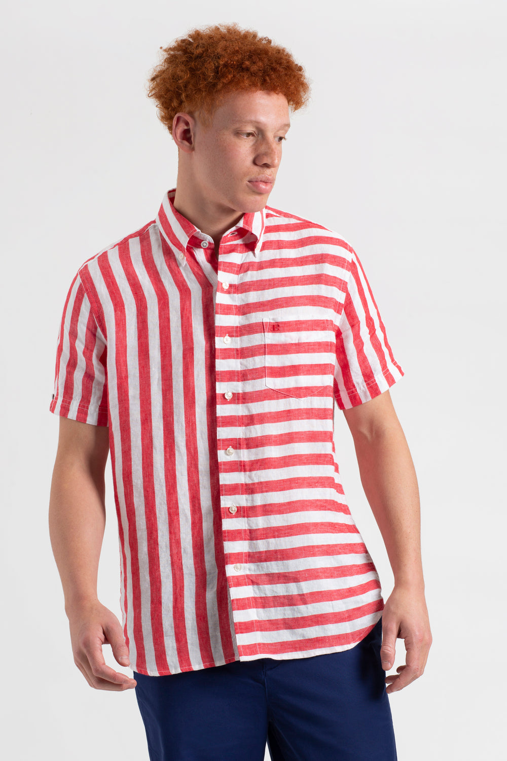 Ben Sherman B by Ben Sherman Candy Stripe Linen Short Sleeve Shirts Pink Red | LYNOC-7869