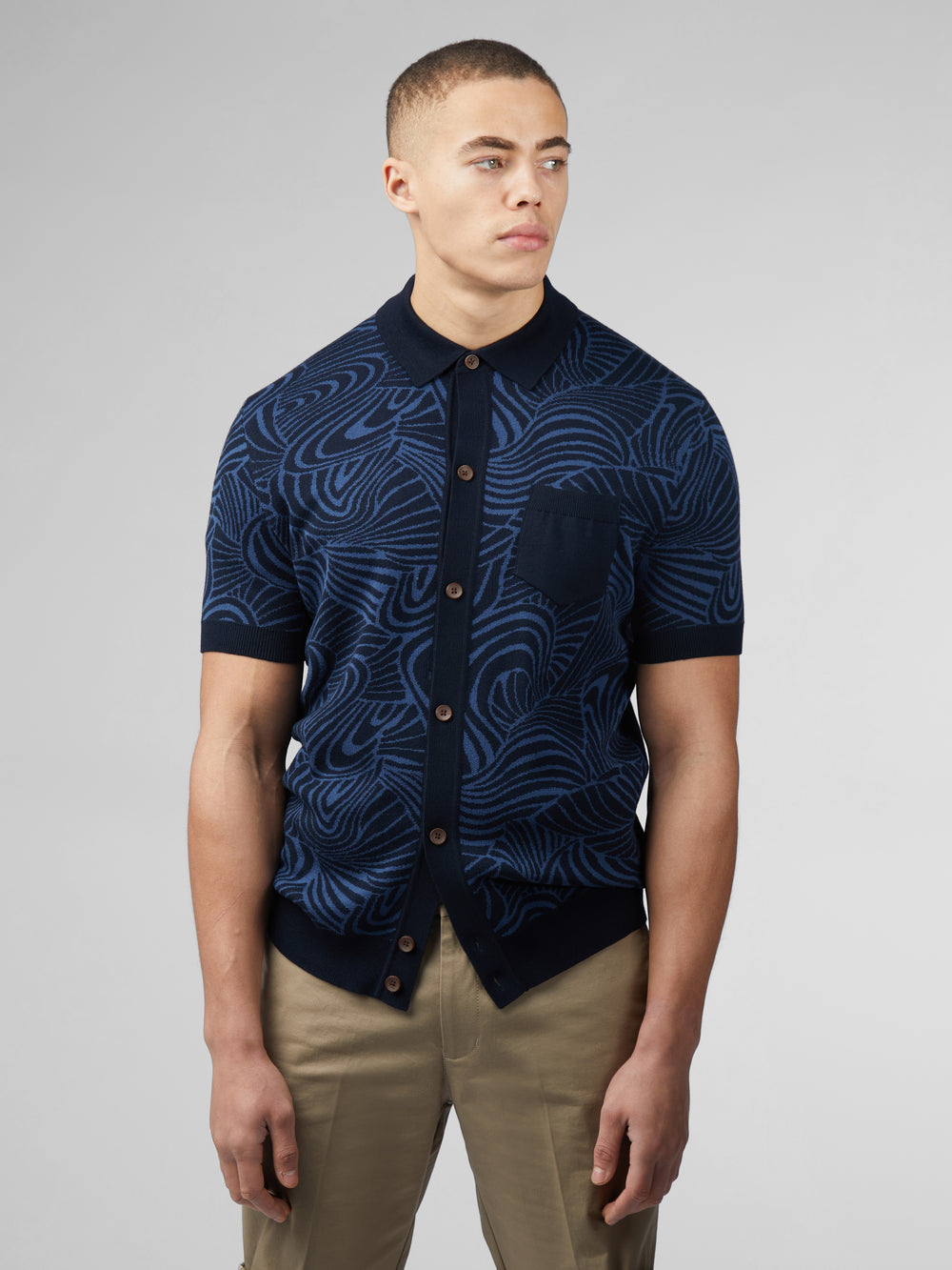 Ben Sherman B by Ben Sherman Swirl Jacquard Button Through Polo Knitwear Navy | HMZYX-1435