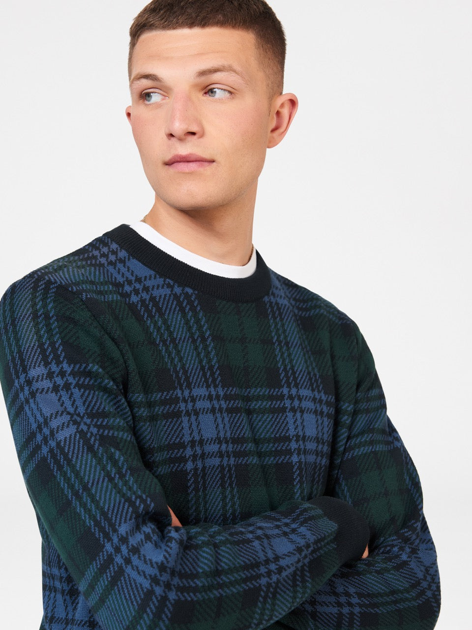 Ben Sherman Blackwatch Check Crewneck Knitwear Black | GDITE-5173