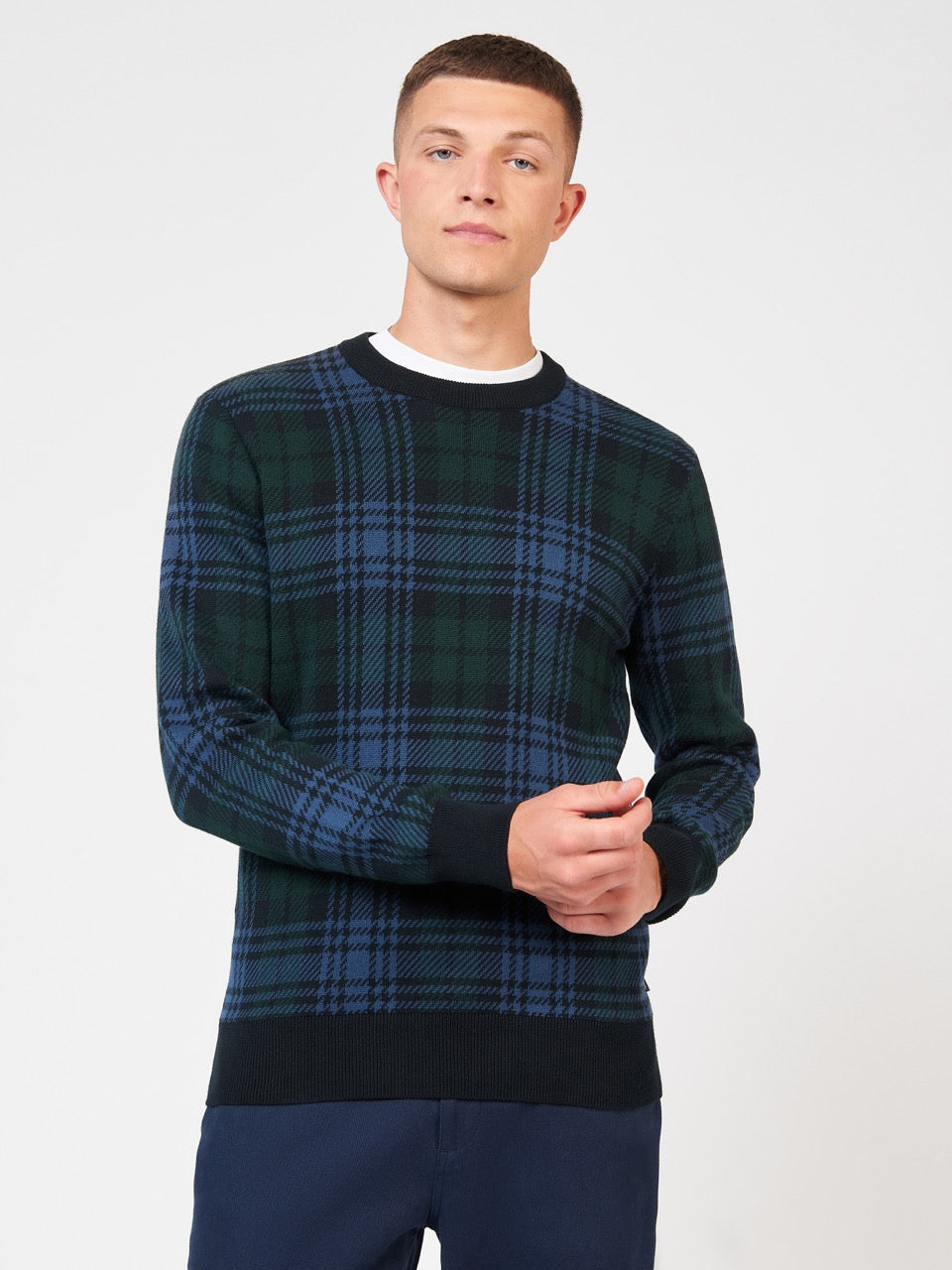 Ben Sherman Blackwatch Check Crewneck Knitwear Black | GDITE-5173