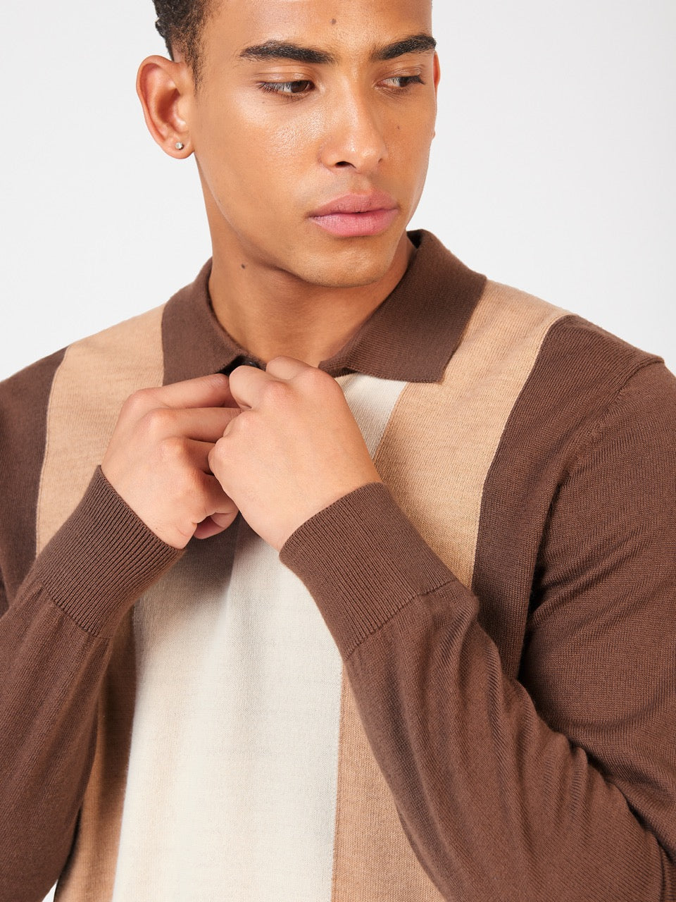 Ben Sherman Block Stripe Merino Polo Neck Sweaters Chocolate | SRVKL-0541