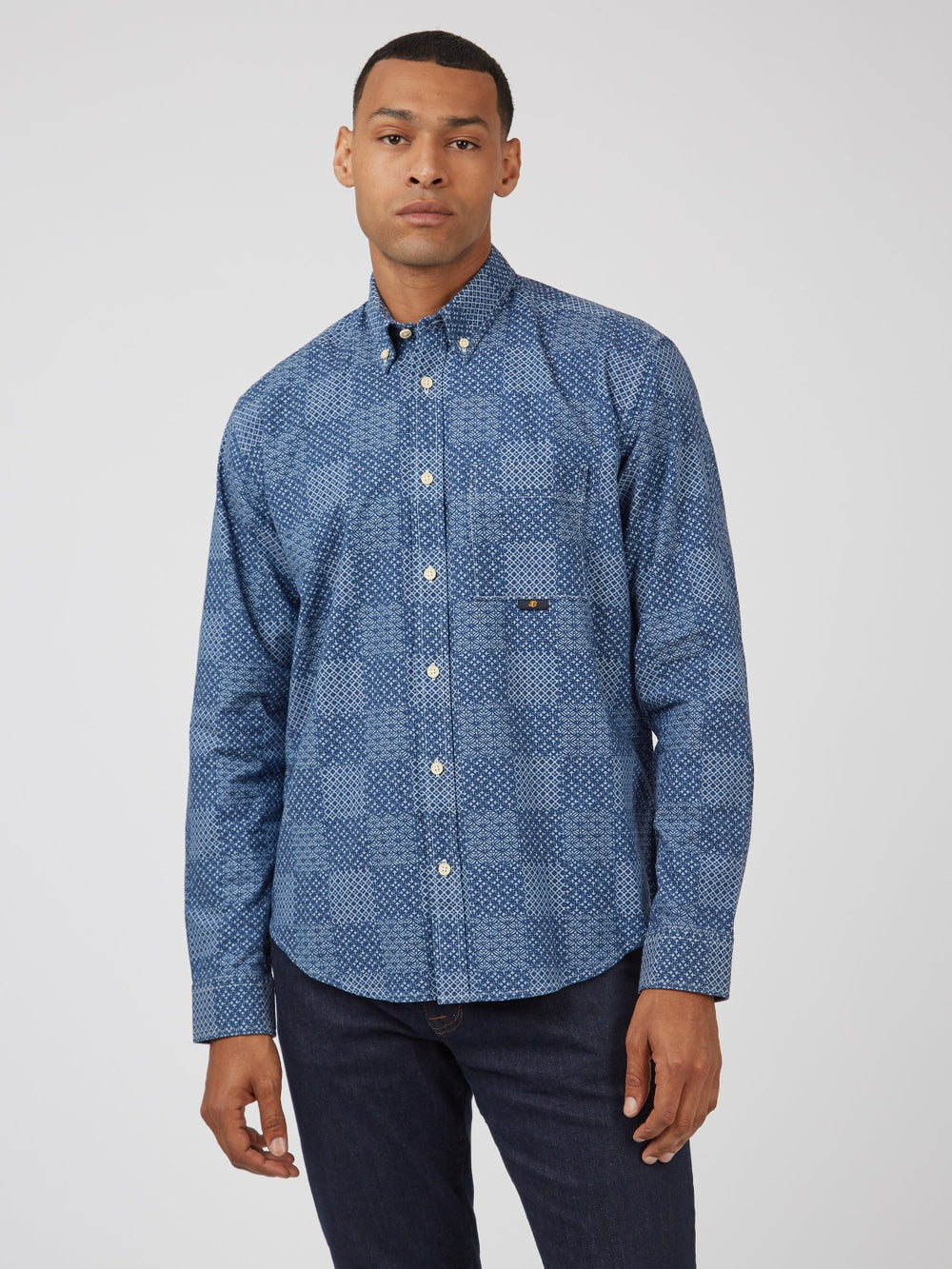 Ben Sherman Chambray Patchwork Geo Print Long-Sleeve Shirts Blue | COSWG-2463