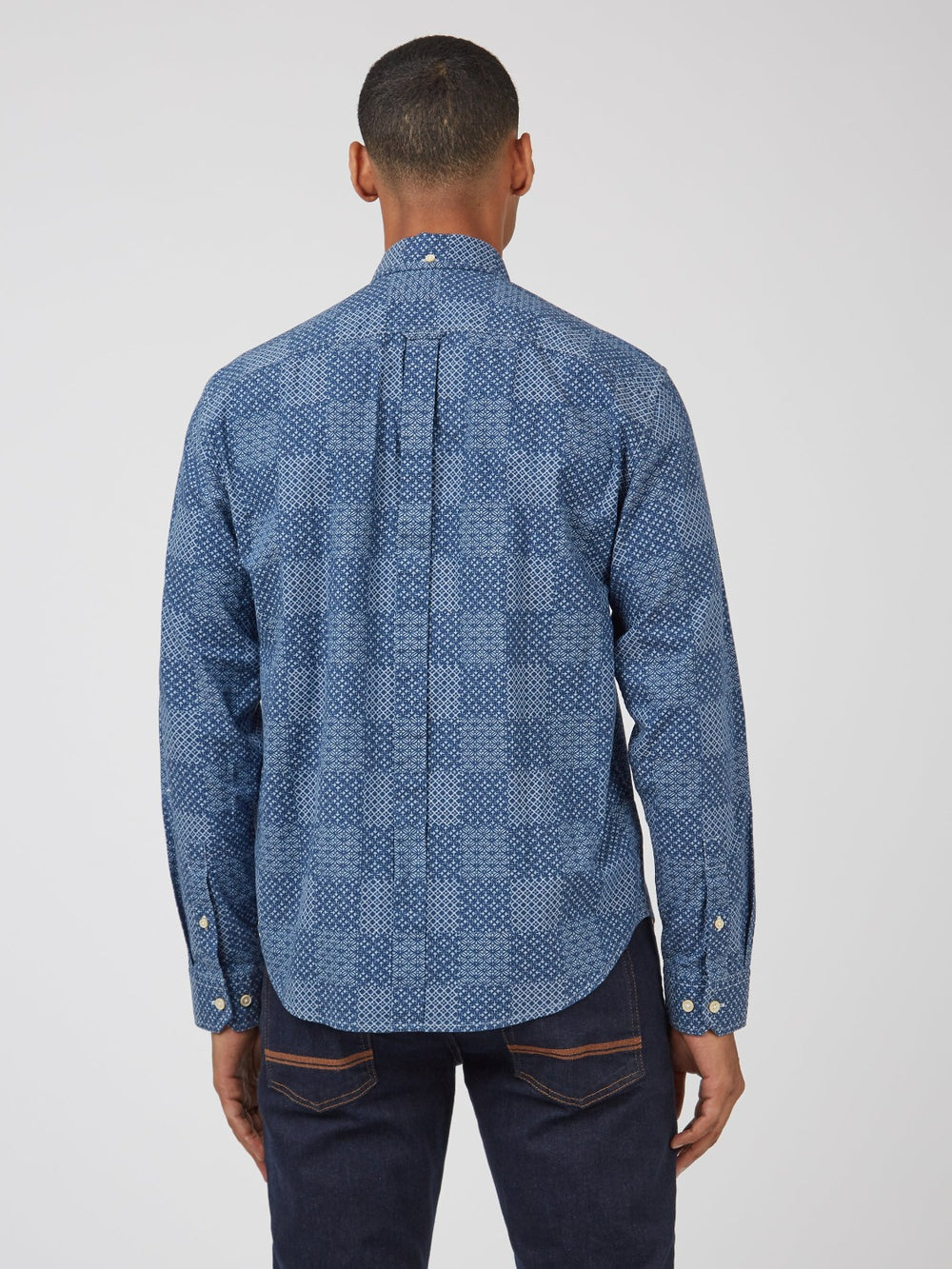 Ben Sherman Chambray Patchwork Geo Print Long-Sleeve Shirts Blue | COSWG-2463