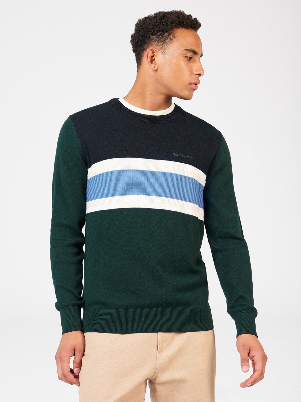 Ben Sherman Chest Stripe Crewneck Knitwear Dark Green | WALVS-1047