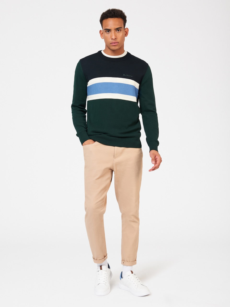 Ben Sherman Chest Stripe Crewneck Knitwear Dark Green | WALVS-1047