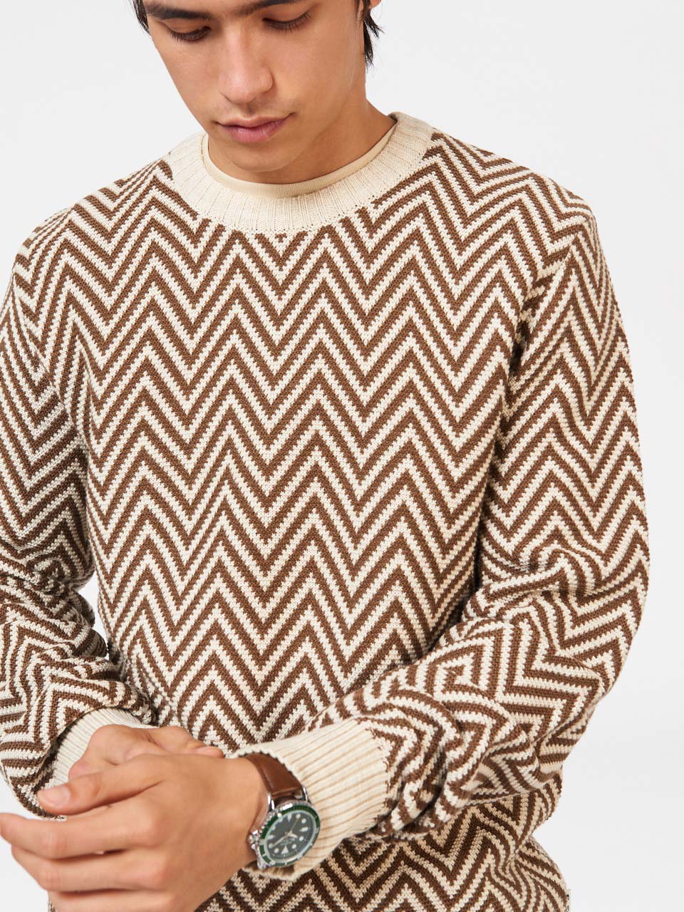 Ben Sherman Chevron Jacquard Crewneck Knitwear White | LUJRZ-9043