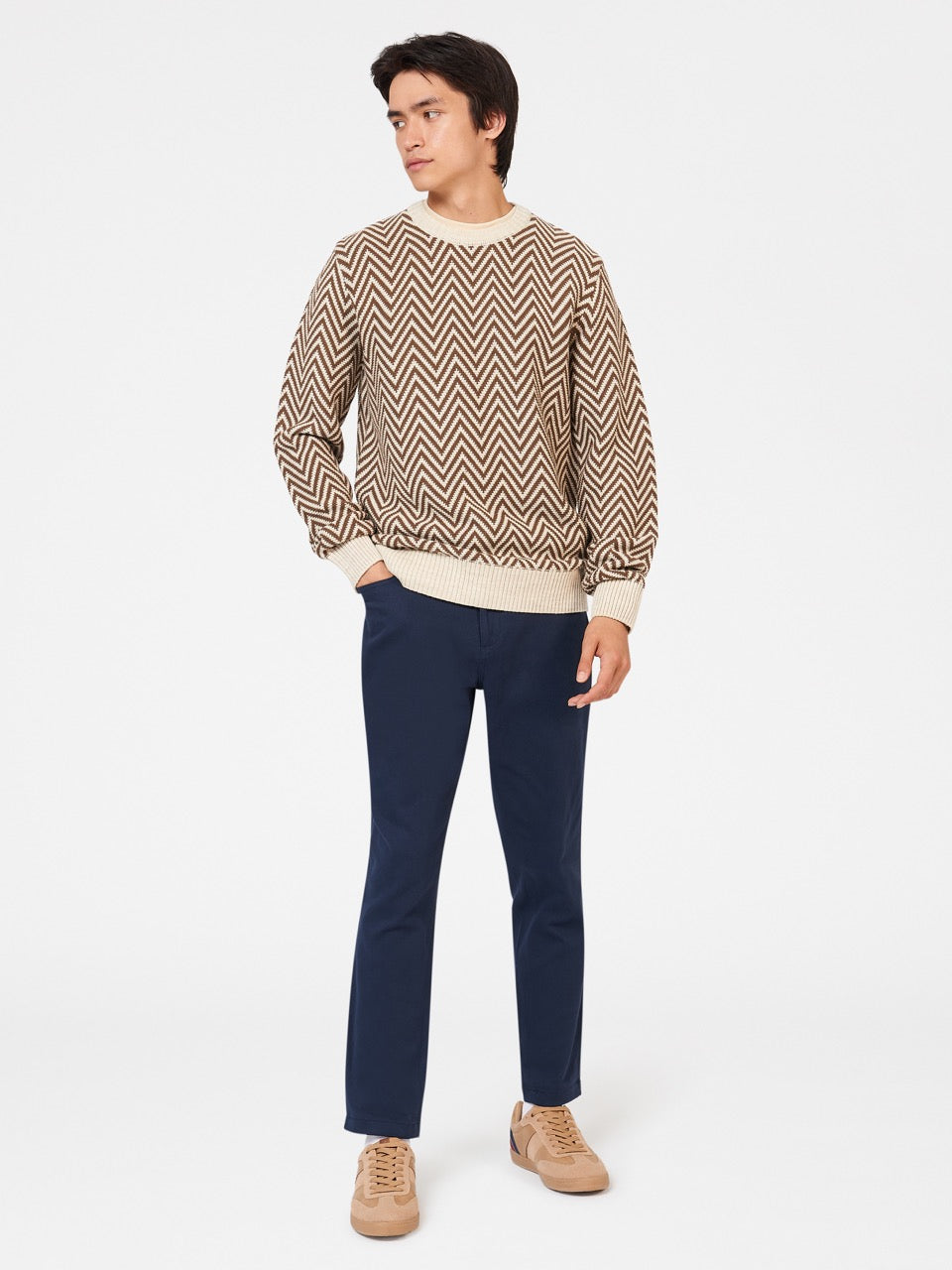 Ben Sherman Chevron Jacquard Crewneck Knitwear White | LUJRZ-9043