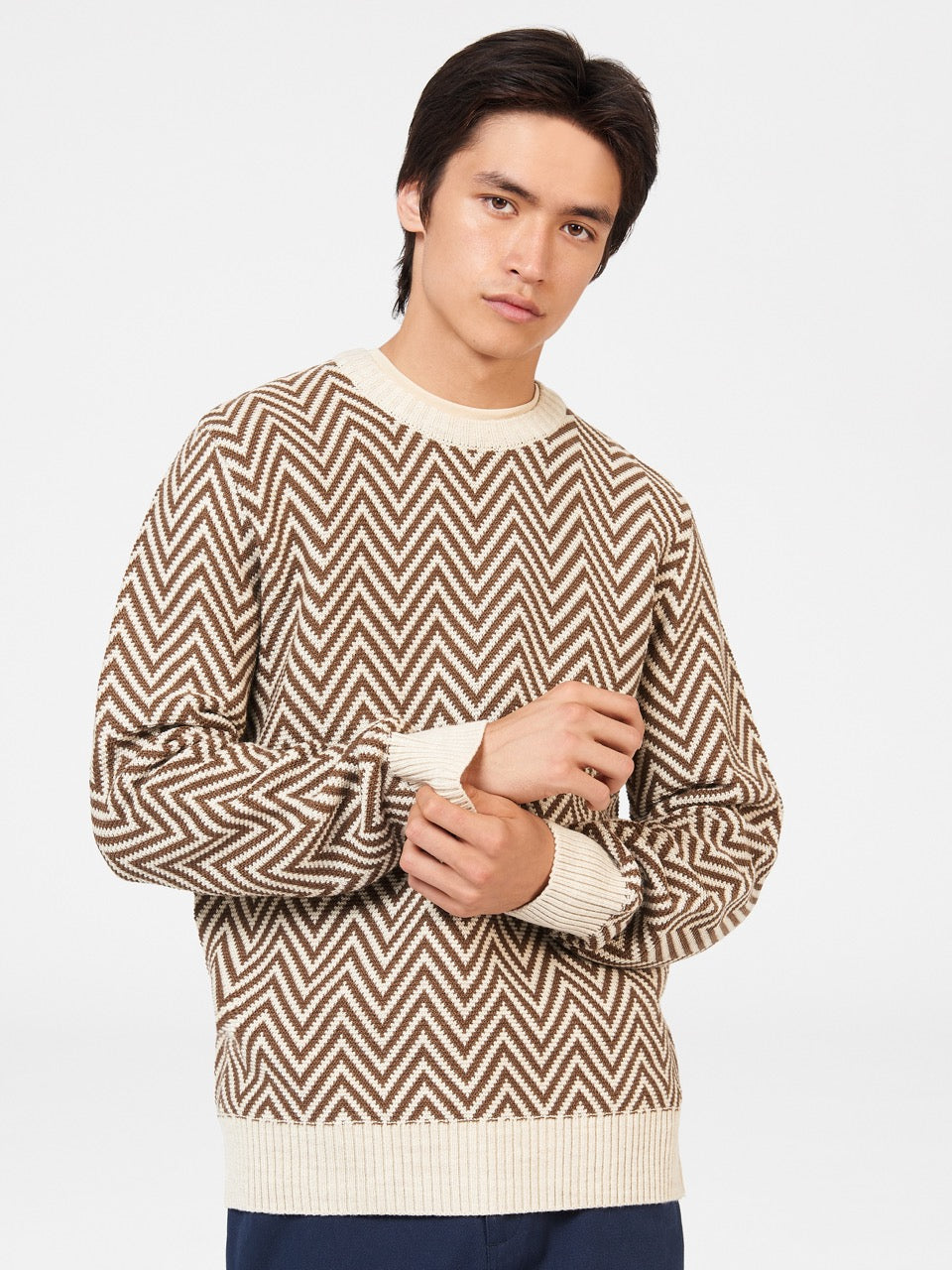 Ben Sherman Chevron Jacquard Crewneck Knitwear White | LUJRZ-9043