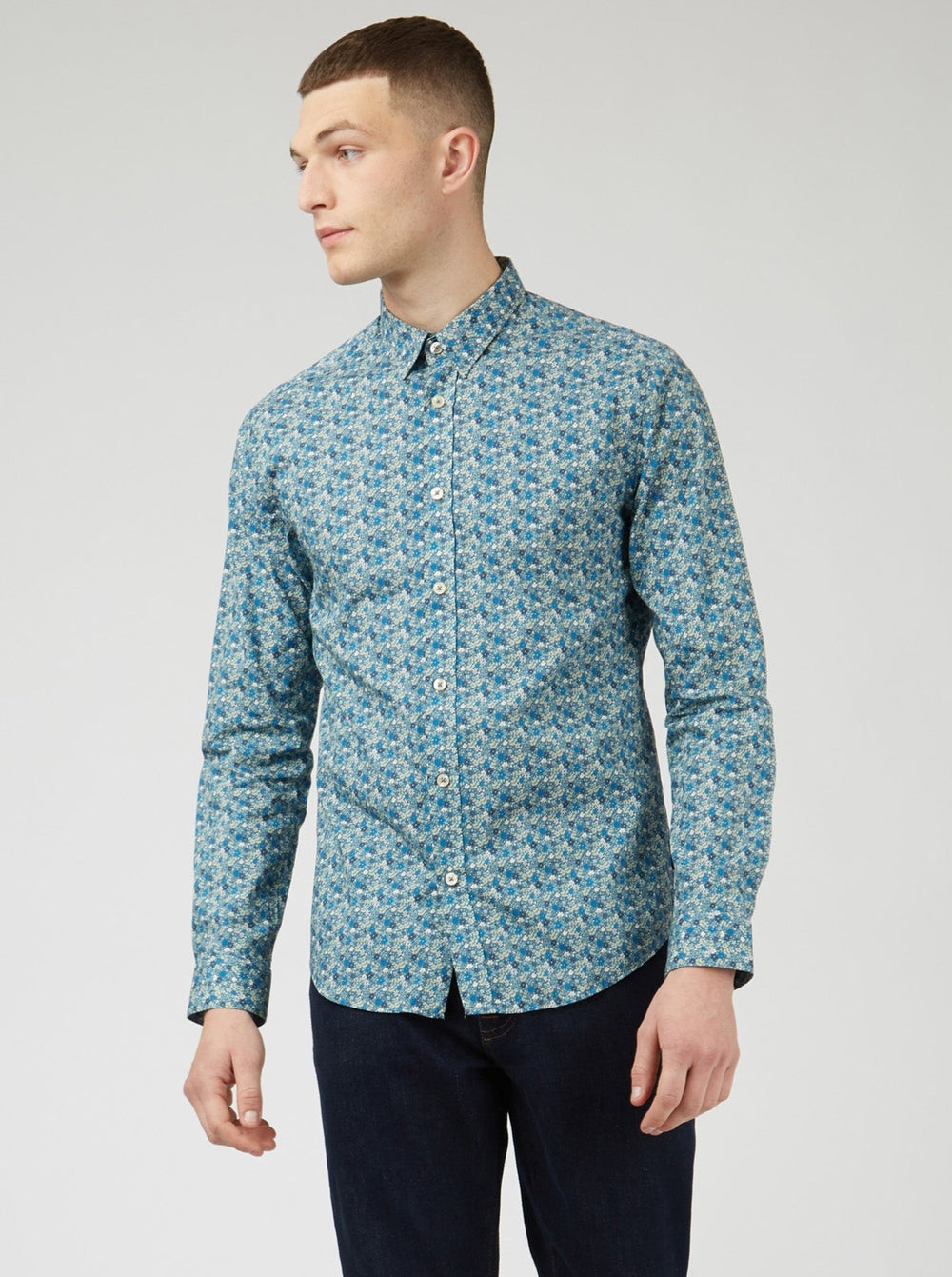 Ben Sherman Floral Print Long-Sleeve Shirts Blue Grey | OSMEJ-8937