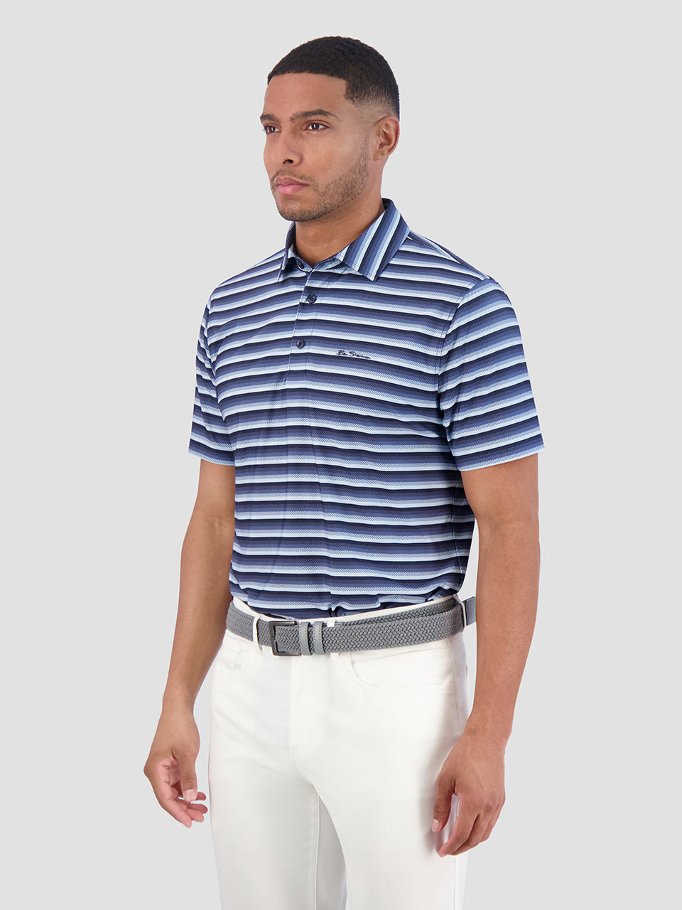 Ben Sherman Multi Stripe Tech Jersey Sports Fit Polo Shirts Navy | UPDXF-6892