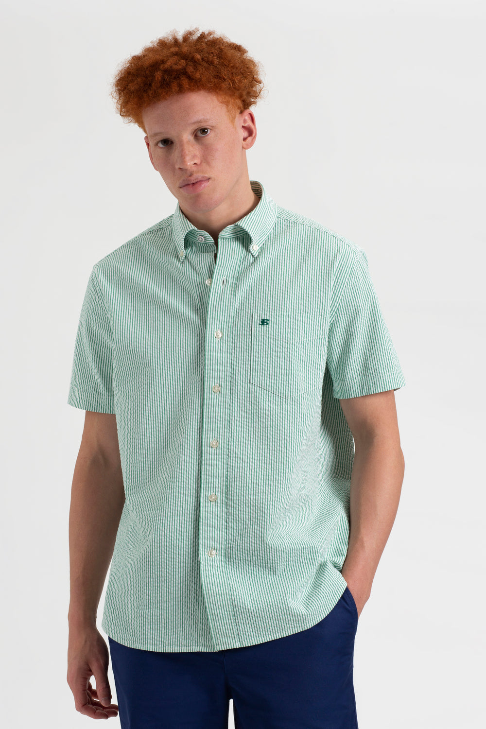 Ben Sherman Seersucker Bengal Stripe Shirts Green | PALBT-7839