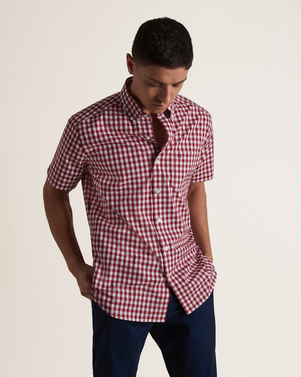 Ben Sherman Short Sleeve House Poplin Gingham Shirts Burgundy | HGWVB-8035