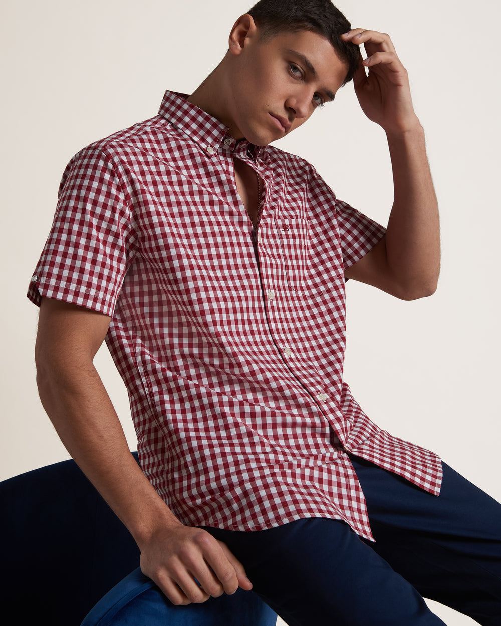 Ben Sherman Short Sleeve House Poplin Gingham Shirts Burgundy | HGWVB-8035