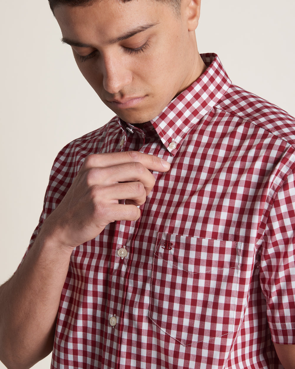 Ben Sherman Short Sleeve House Poplin Gingham Shirts Burgundy | HGWVB-8035