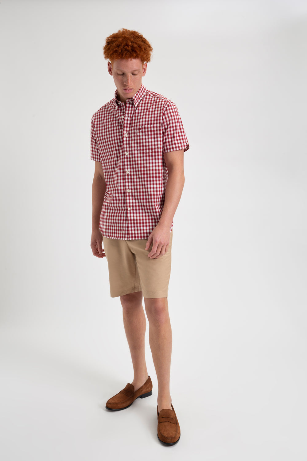 Ben Sherman Short Sleeve House Poplin Gingham Shirts Burgundy | HGWVB-8035