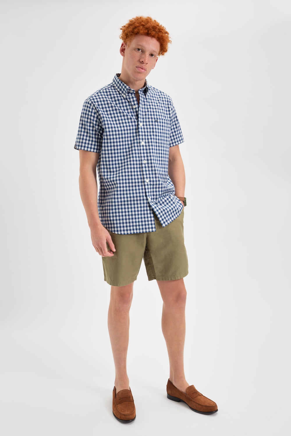 Ben Sherman Short Sleeve House Poplin Gingham Shirts Navy / Olive | XKVRQ-7982