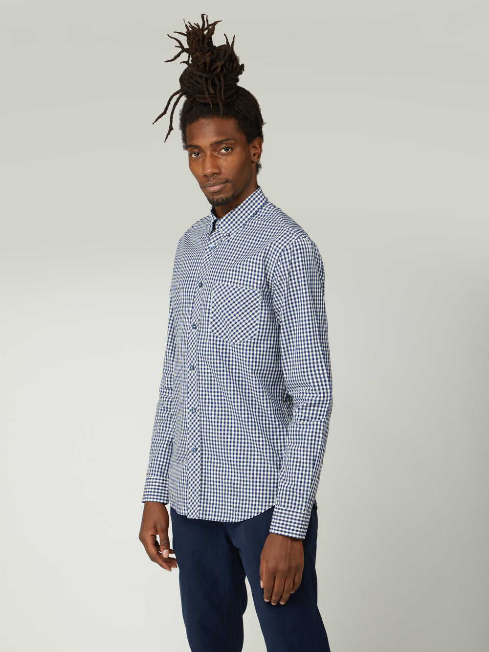 Ben Sherman Signature Long-Sleeve Gingham Shirts Dark Blue | KRDGL-4956