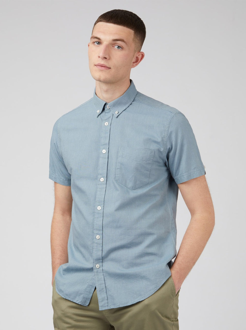 Ben Sherman Signature Organic Short-Sleeve Oxford Shadow Shirts Blue Grey | TVQSC-8307