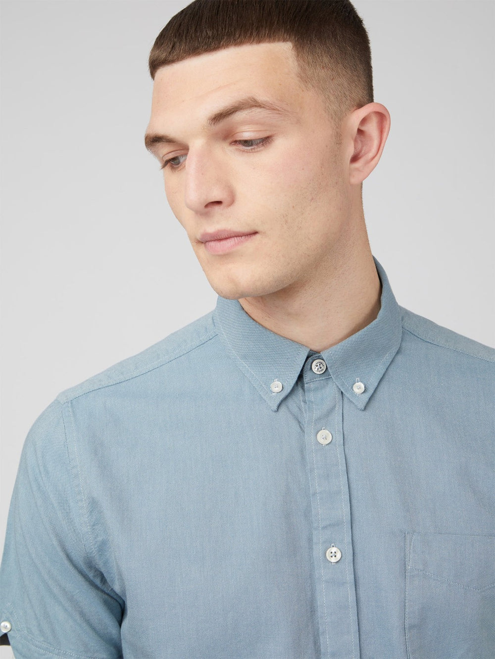 Ben Sherman Signature Organic Short-Sleeve Oxford Shadow Shirts Blue Grey | TVQSC-8307