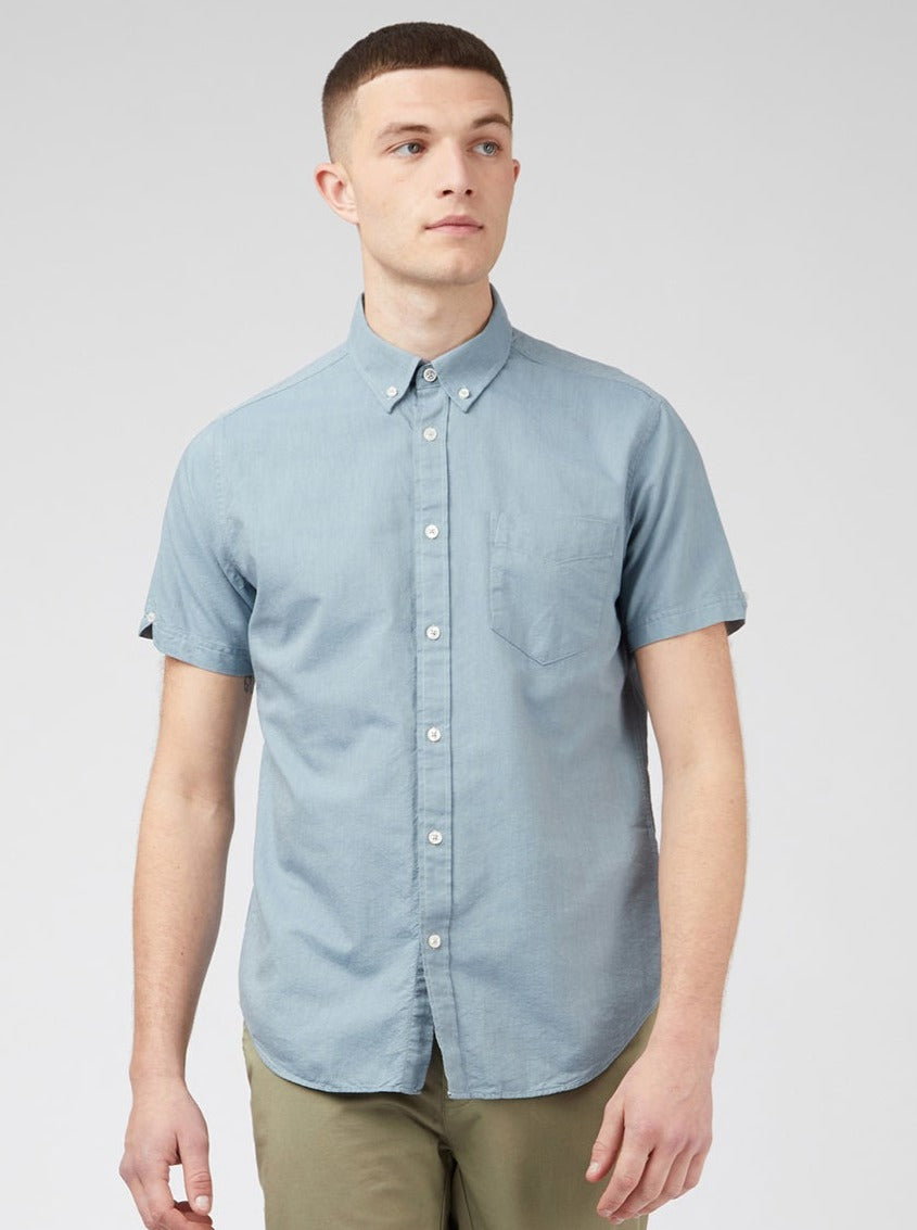 Ben Sherman Signature Organic Short-Sleeve Oxford Shadow Shirts Blue Grey | TVQSC-8307