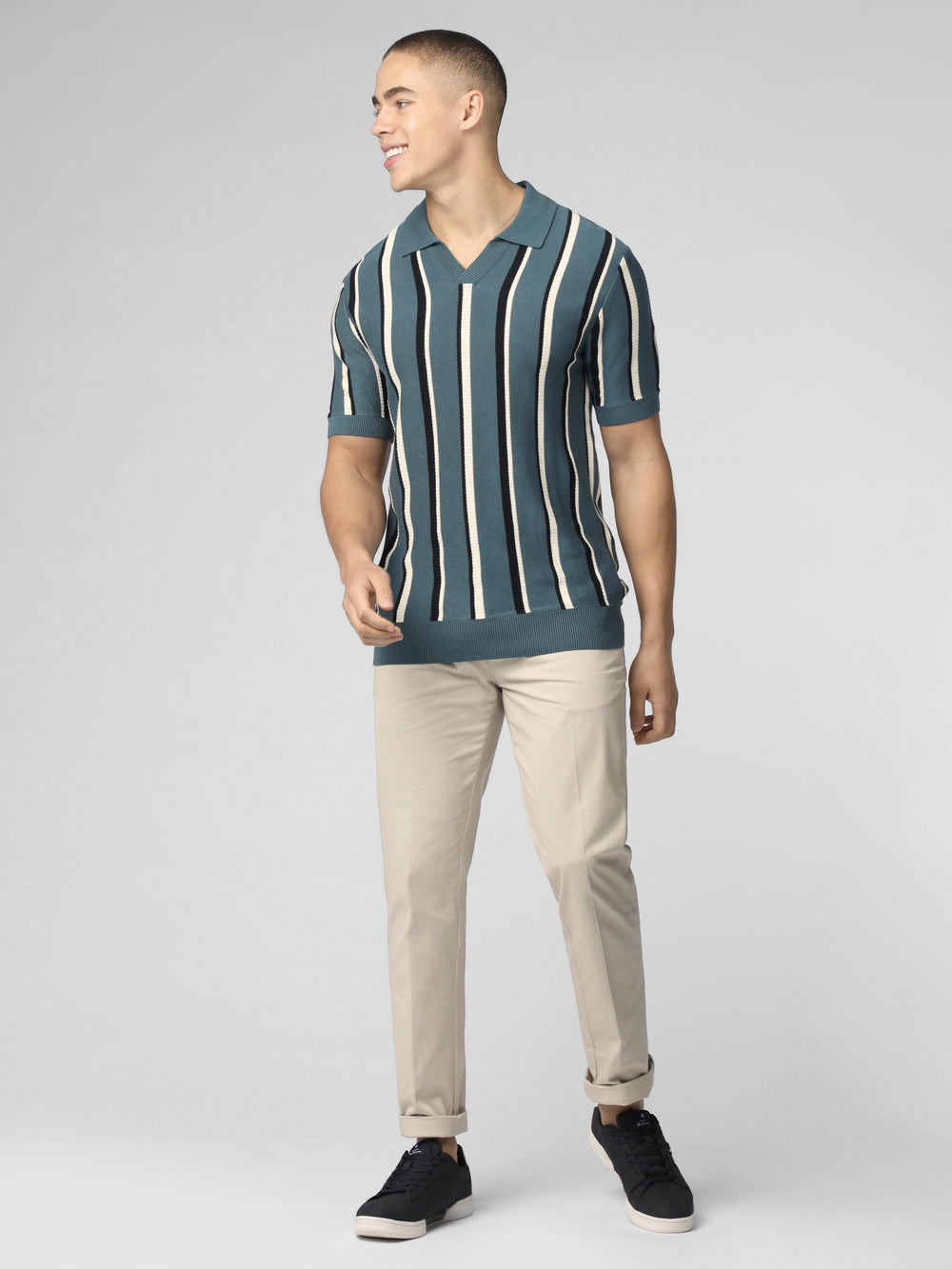 Ben Sherman Signature Vertical Stripe Open Neck Polo Knitwear Turquoise | PWYLM-5360